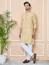 Beige Delux Cotton Straight Kurta with Embordered Neck and Pyjama