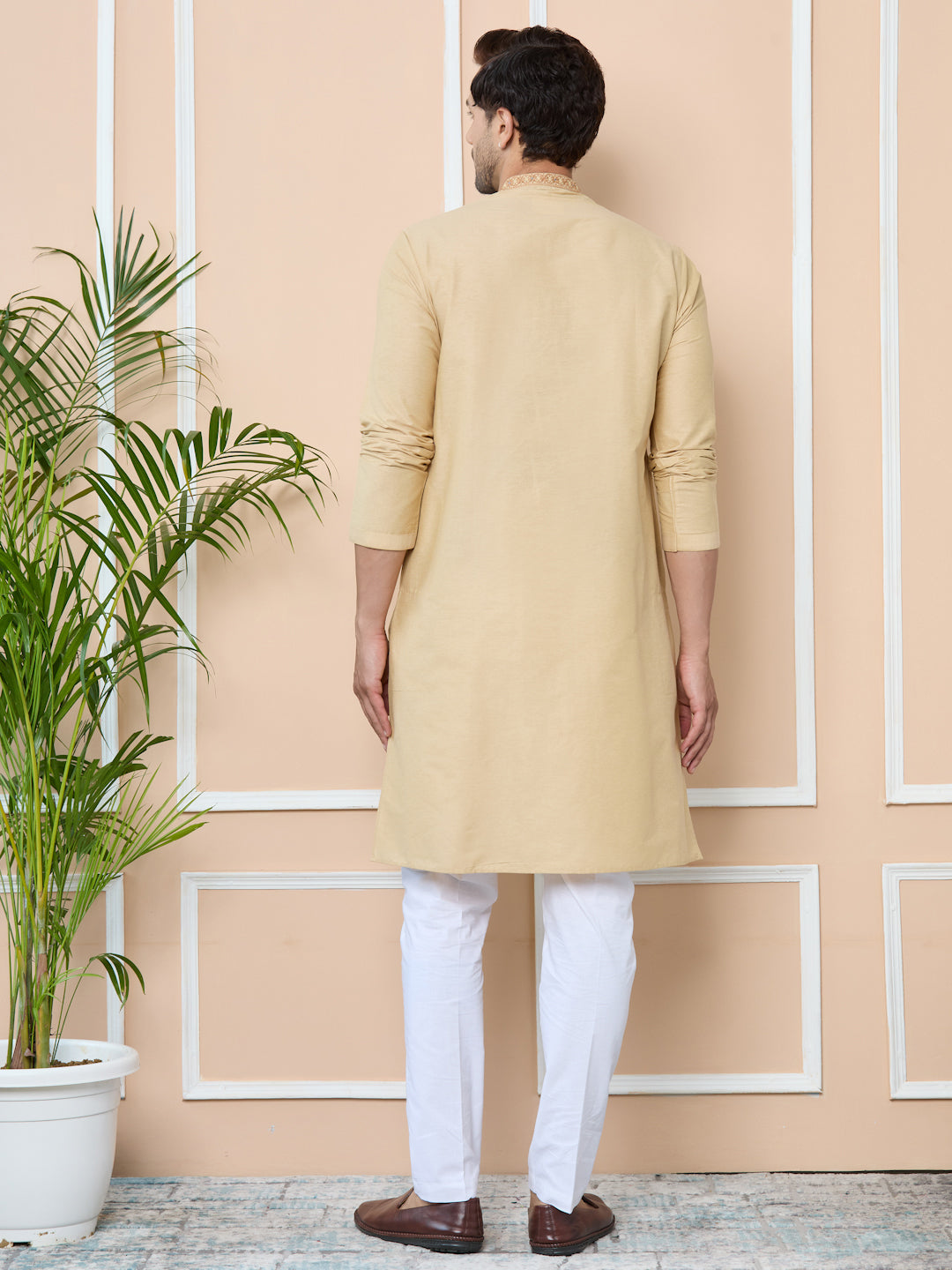 Beige Delux Cotton Straight Kurta with Embordered Neck and Pyjama