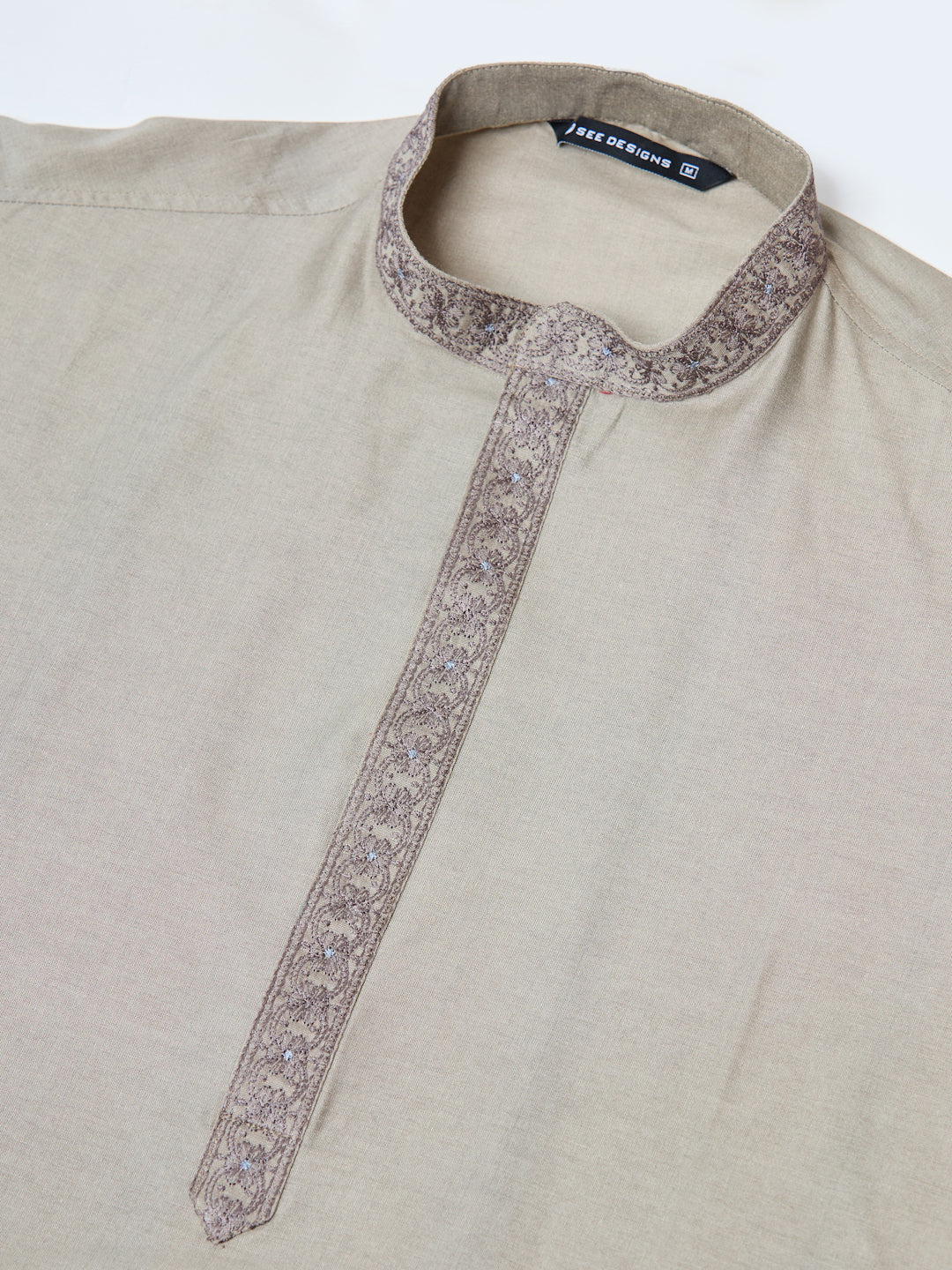 Dark Beige Delux Cotton Straight Kurta with Embroidered Neck