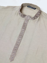 Dark Beige Delux Cotton Straight Kurta with Embroidered Neck