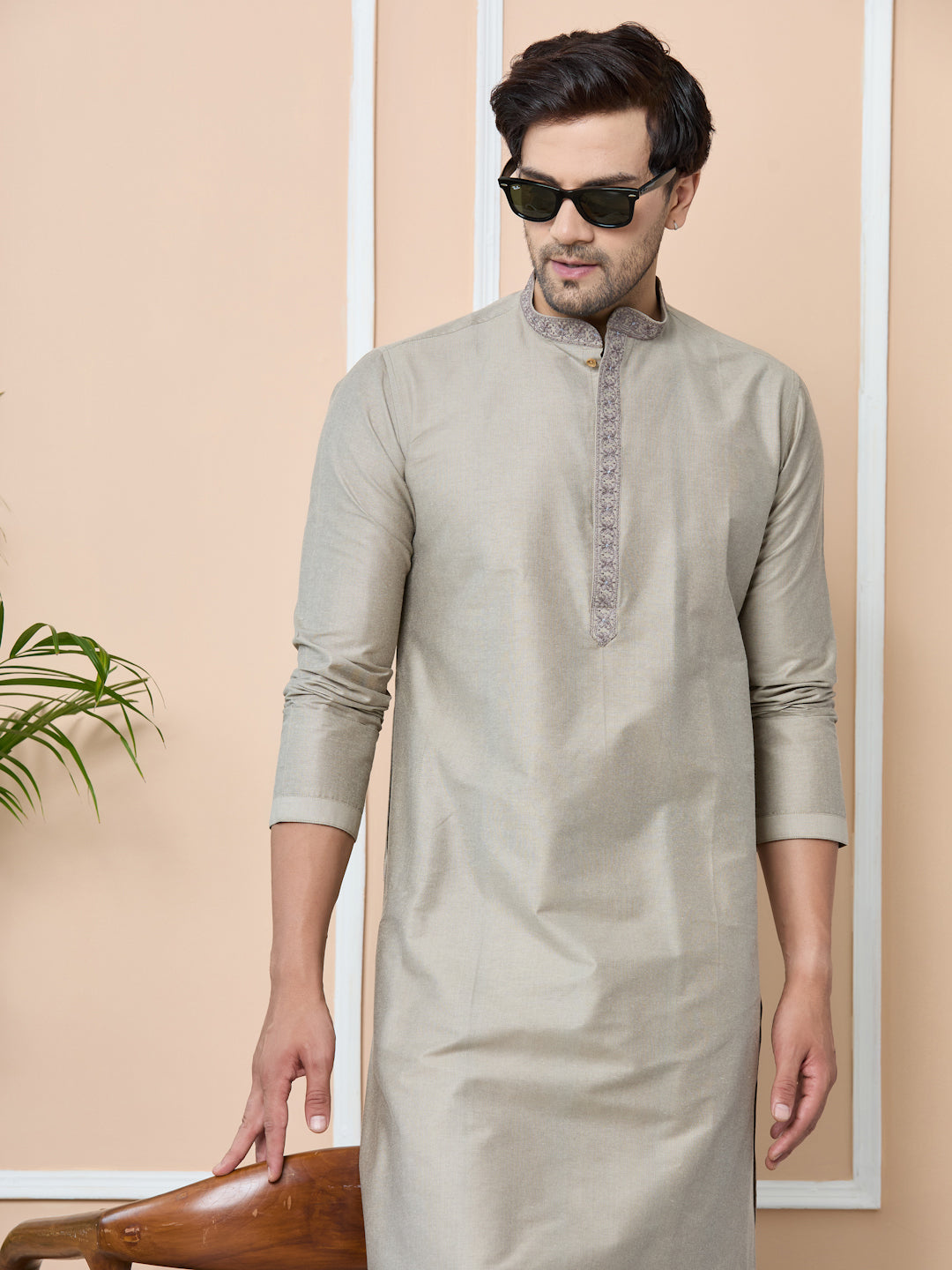 Dark Beige Delux Cotton Straight Kurta with Embroidered Neck