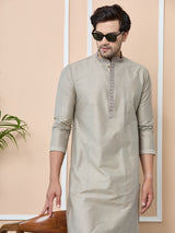 Dark Beige Delux Cotton Straight Kurta with Embroidered Neck
