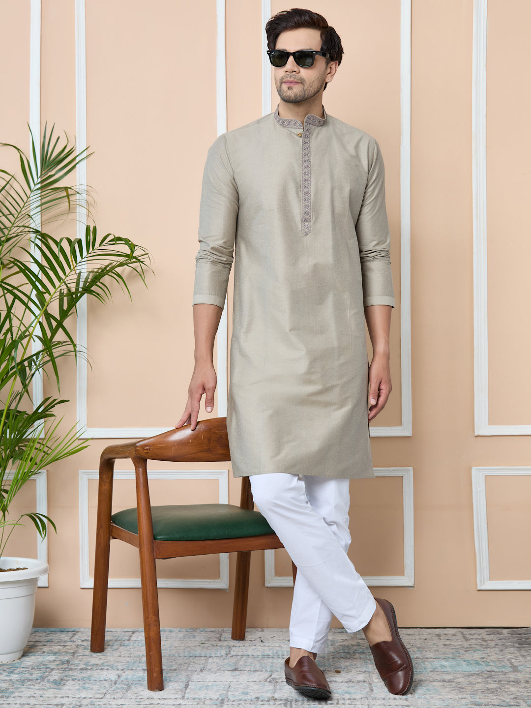 Dark Beige Delux Cotton Straight Kurta with Embordered Neck and Pyjama