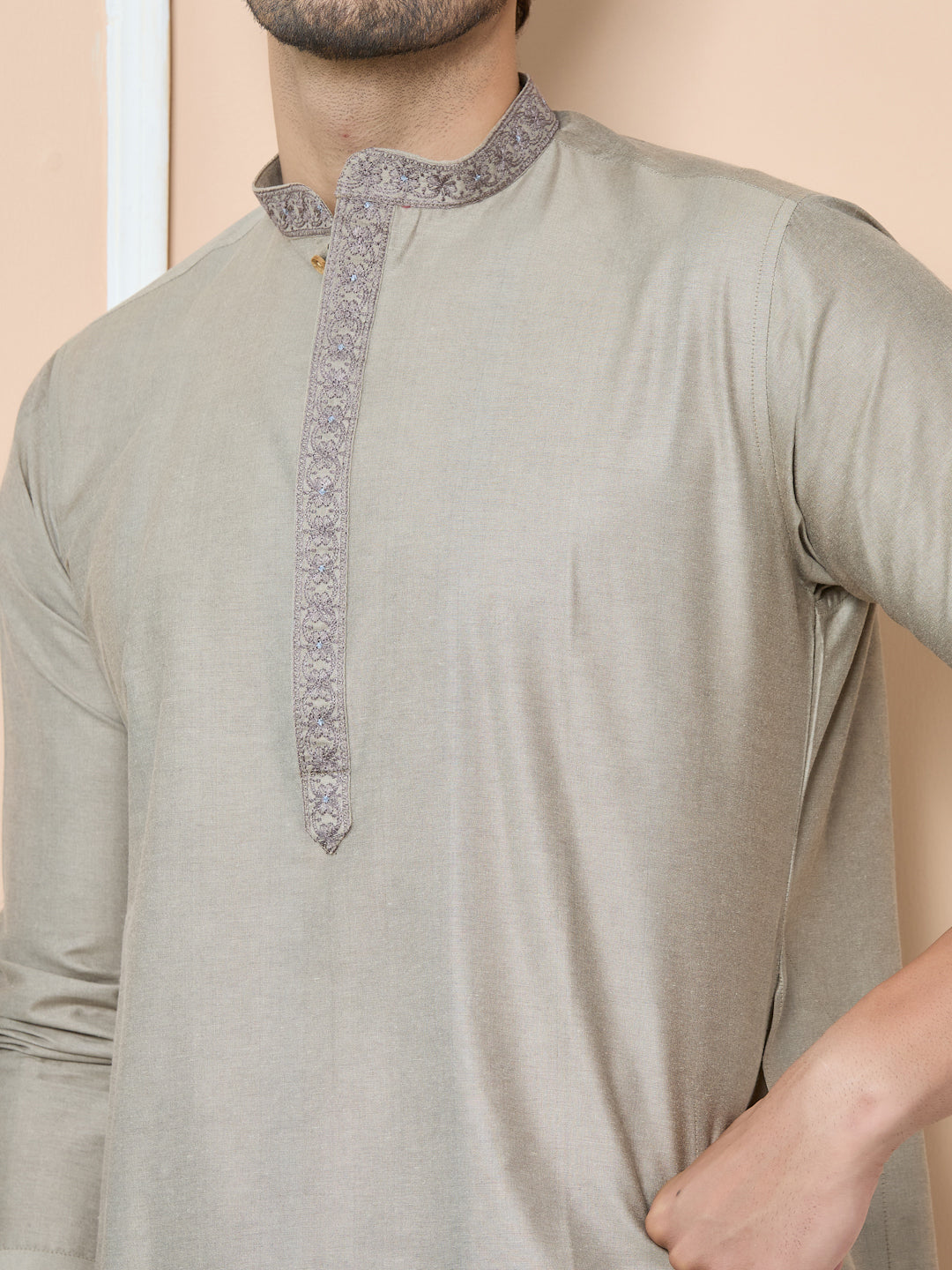Dark Beige Delux Cotton Straight Kurta with Embordered Neck and Pyjama