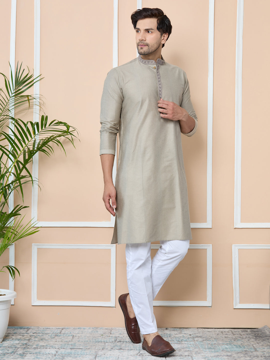 Dark Beige Delux Cotton Straight Kurta with Embordered Neck and Pyjama