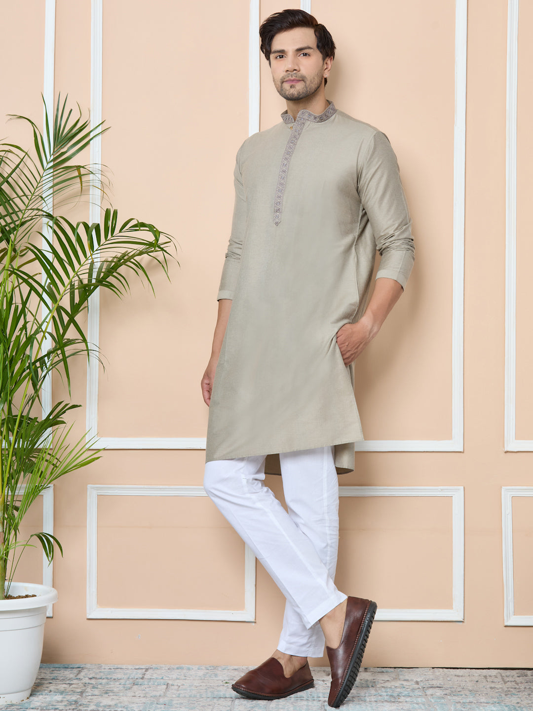 Dark Beige Delux Cotton Straight Kurta with Embordered Neck and Pyjama