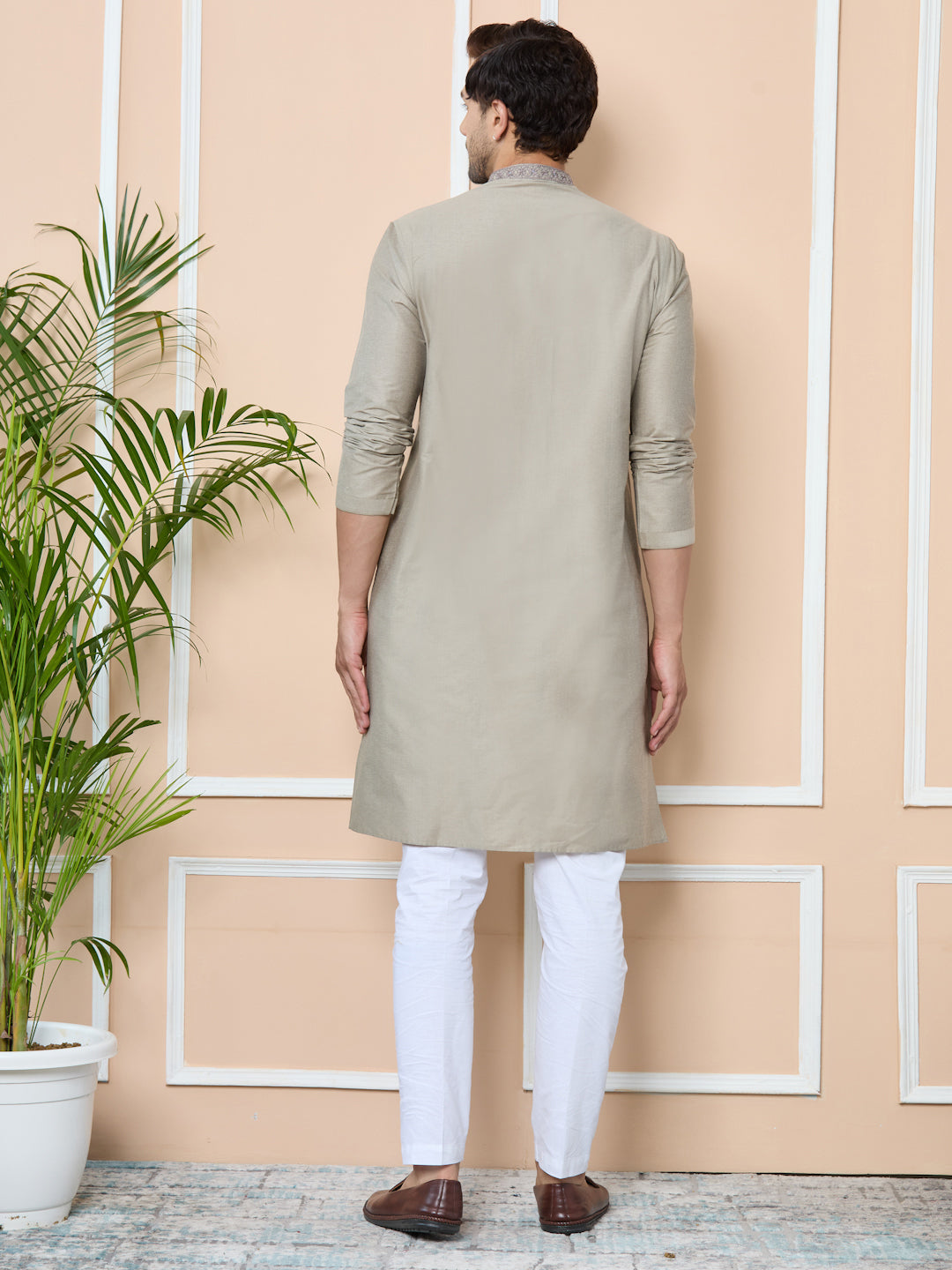 Dark Beige Delux Cotton Straight Kurta with Embordered Neck and Pyjama