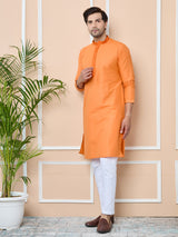 Orange Delux Cotton Straight Kurta with Embordered Neck and Pyjama
