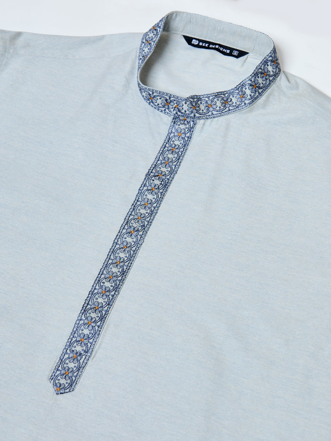 Gray Delux Cotton Straight Kurta with Embroidered Neck