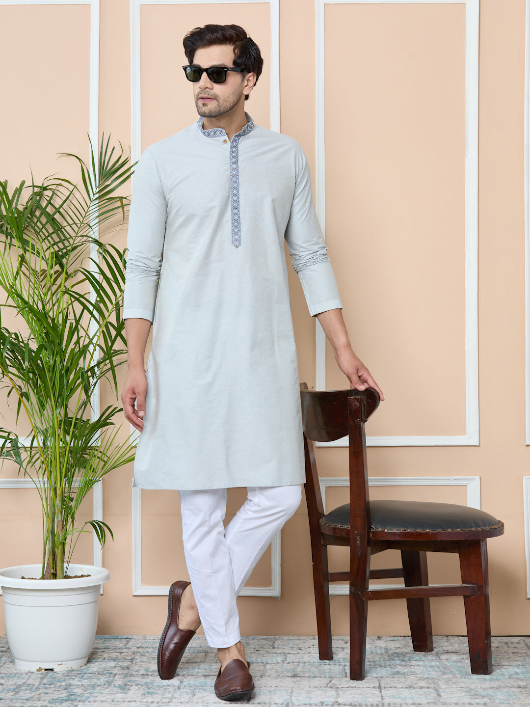 Grey Delux Cotton Straight Kurta with Embordered Neck and Pyjama