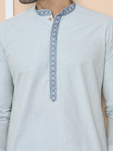 Grey Delux Cotton Straight Kurta with Embordered Neck and Pyjama
