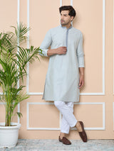 Grey Delux Cotton Straight Kurta with Embordered Neck and Pyjama