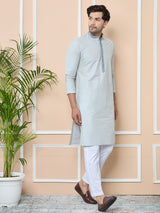 Grey Delux Cotton Straight Kurta with Embordered Neck and Pyjama