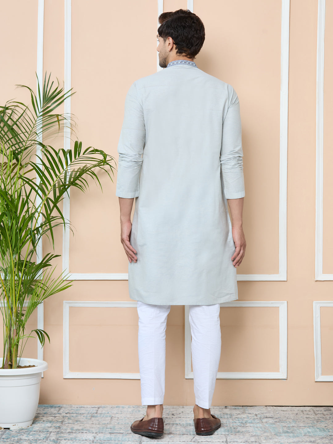 Grey Delux Cotton Straight Kurta with Embordered Neck and Pyjama
