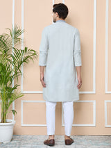Grey Delux Cotton Straight Kurta with Embordered Neck and Pyjama