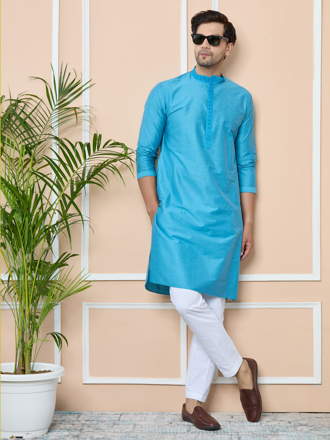 Turquoise Delux Cotton Straight Kurta with Embordered Neck