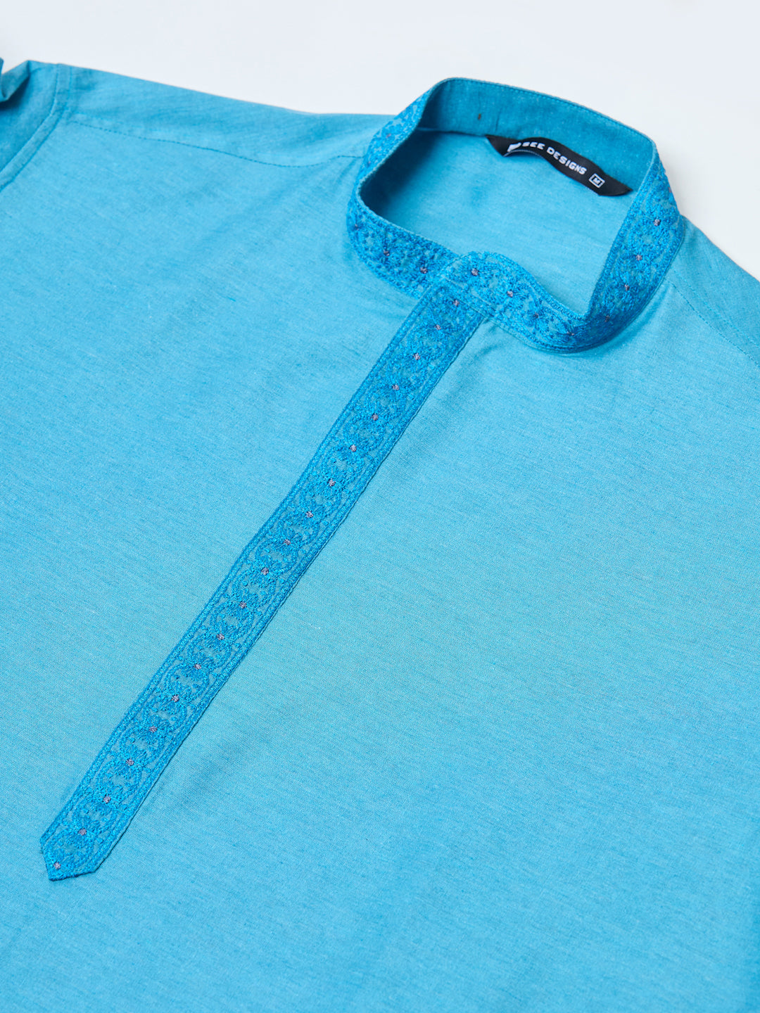 Turquoise Delux Cotton Straight Kurta with Embordered Neck