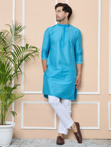 Turquoise Delux Cotton Straight Kurta with Embordered Neck