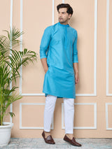 Turquoise Delux Cotton Straight Kurta with Embordered Neck and Pyjama