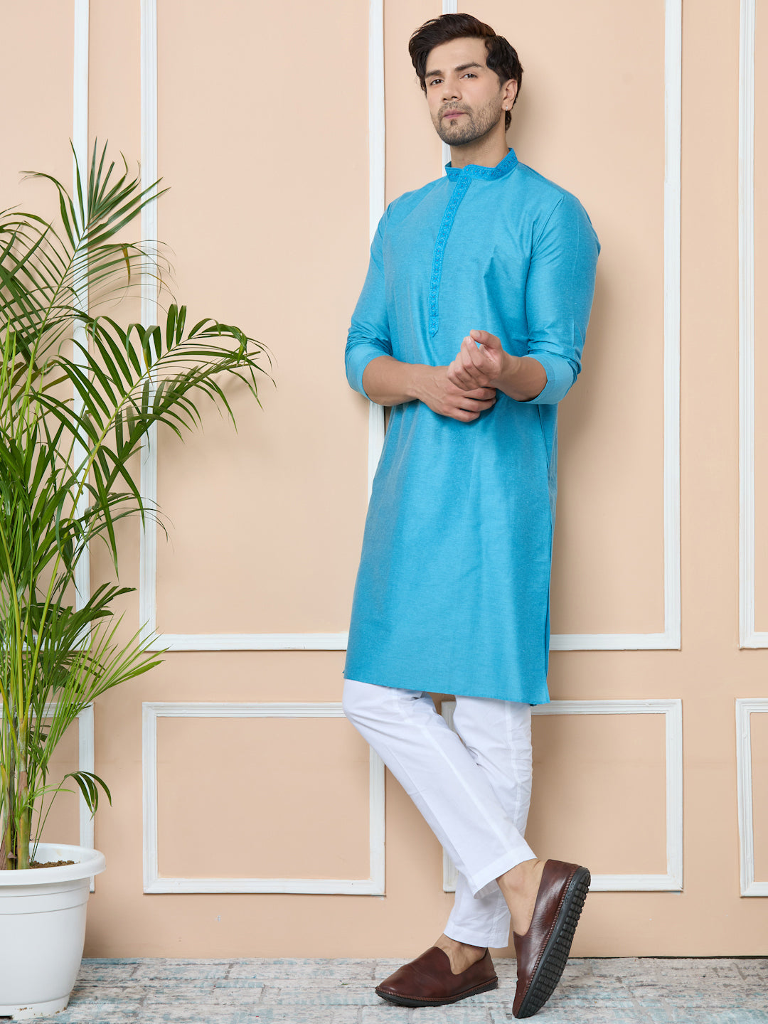 Turquoise Delux Cotton Straight Kurta with Embordered Neck