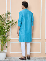 Turquoise Delux Cotton Straight Kurta with Embordered Neck and Pyjama