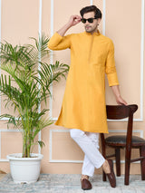 Mustard Delux Cotton Straight Kurta with Embordered Neck and Pyjama