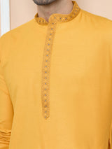 Mustard Delux Cotton Straight Kurta with Embordered Neck and Pyjama