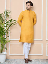 Mustard Delux Cotton Straight Kurta with Embordered Neck and Pyjama