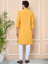 Mustard Delux Cotton Straight Kurta with Embordered Neck and Pyjama