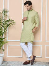 Lemon Green Delux Cotton Straight Kurta with Embordered Neck and Pyjama