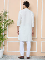 Off-white Delux Cotton Straight Kurta with Embordered Neck and Pyjama