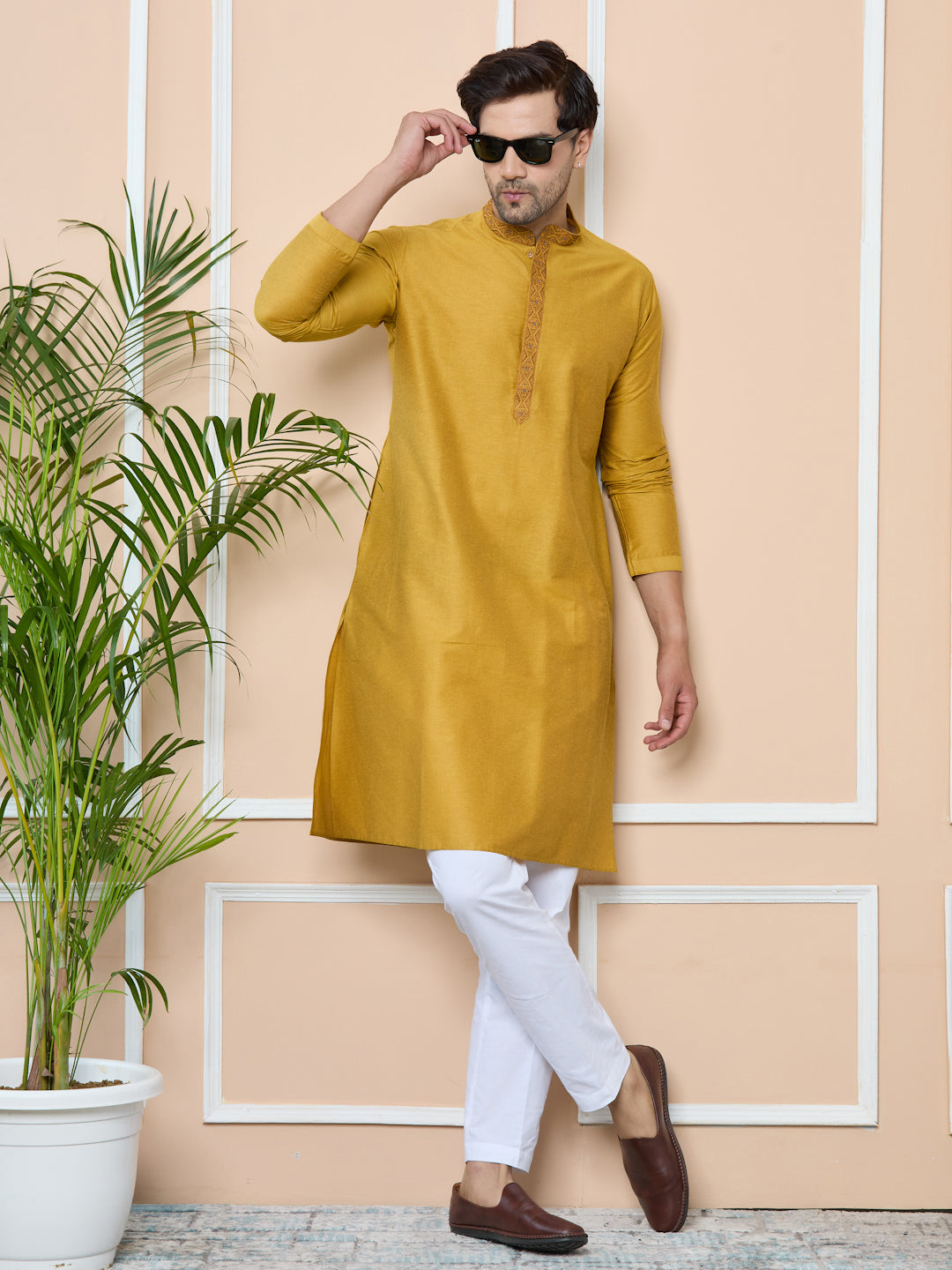 Golden Delux Cotton Straight Kurta with Embordered Neck and Pyjama