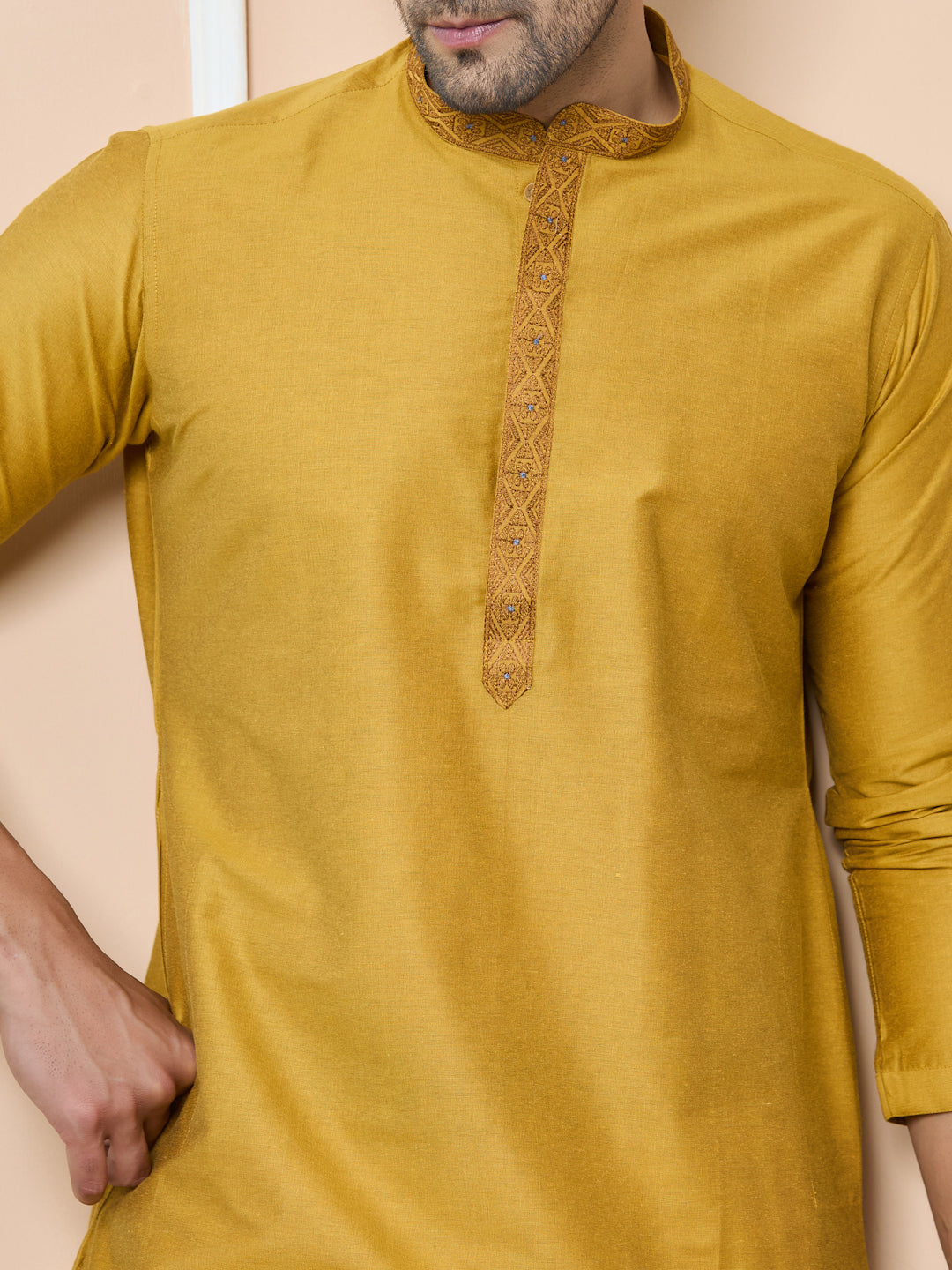 Golden Delux Cotton Straight Kurta with Embordered Neck and Pyjama