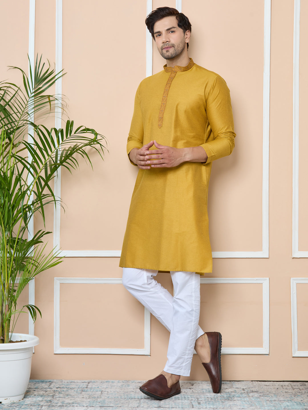 Golden Delux Cotton Straight Kurta with Embordered Neck and Pyjama