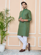 Green Delux Cotton Straight Kurta with Embordered Neck and Pyjama