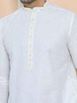 Off-White Embroidered Delux Cotton Straight Kurta with Pyjama