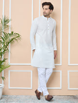 Off-White Solid Delux Cotton Straight Kurta with Pyjama