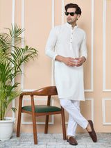White self jacquard Delux Cotton Straight Kurta with Pyjama