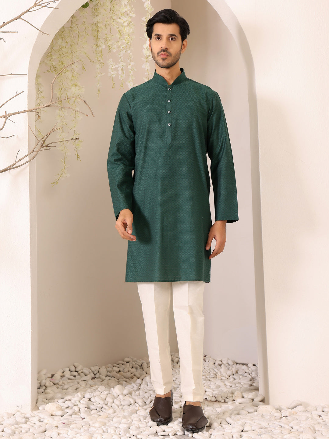 Hunter Green Self Design Woven Jacquard Cotton Straight Kurta