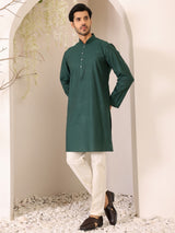 Hunter Green Self Design Woven Jacquard Cotton Straight Kurta