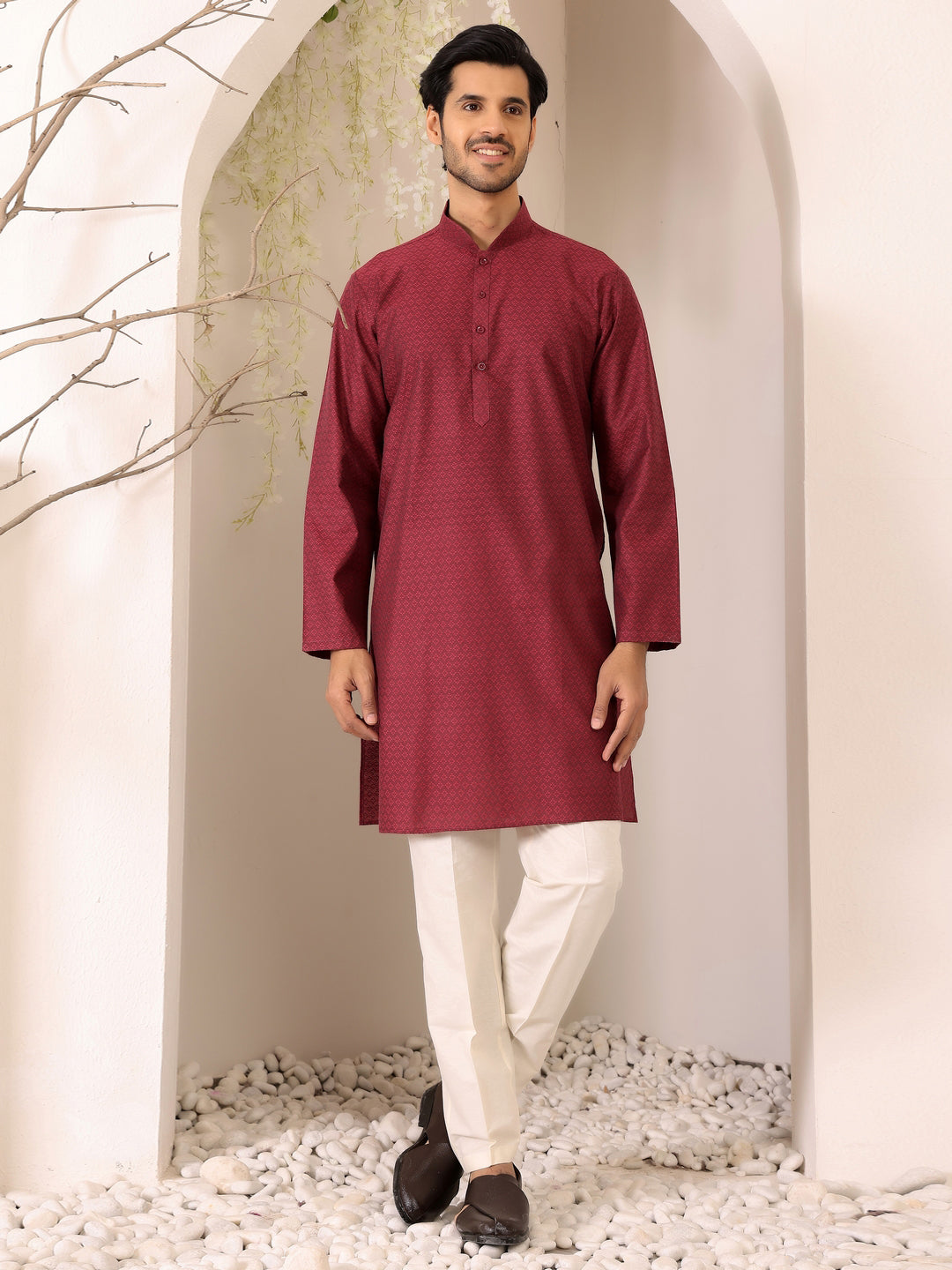 Maroon Self Design Woven Jacquard Cotton Straight Kurta