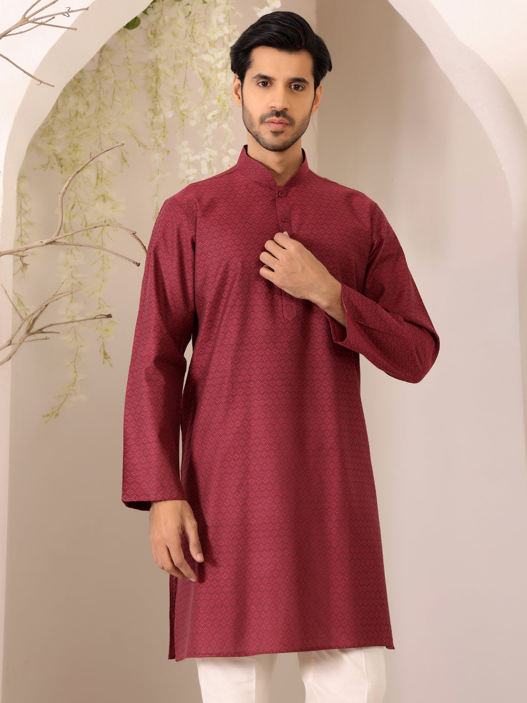 Maroon Self Design Woven Jacquard Cotton Straight Kurta