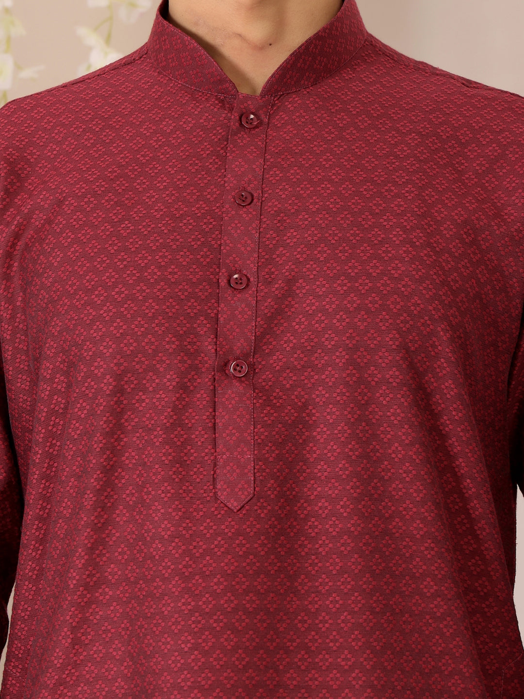 Maroon Self Design Woven Jacquard Cotton Straight Kurta
