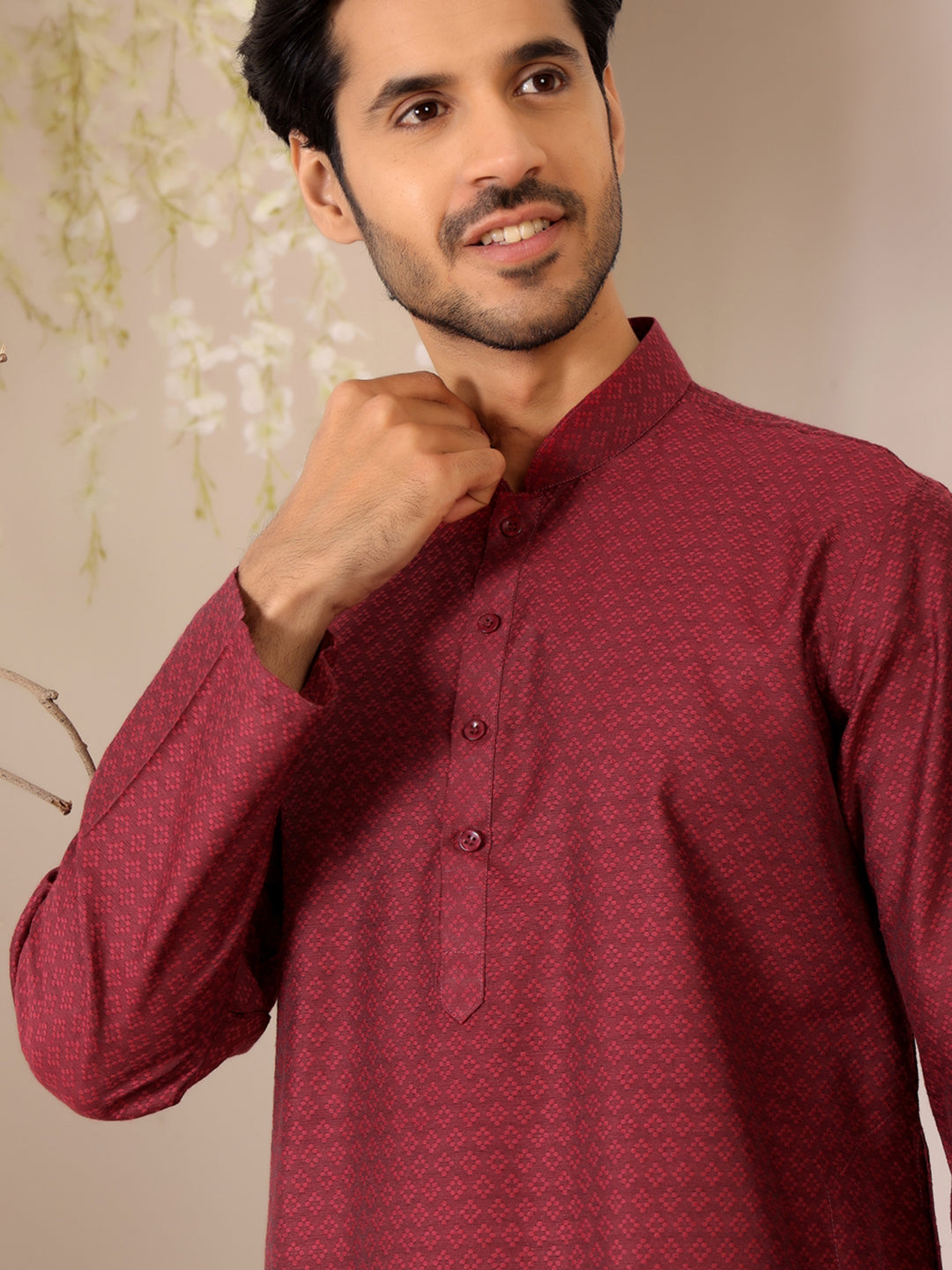 Maroon Self Design Woven Jacquard Cotton Straight Kurta