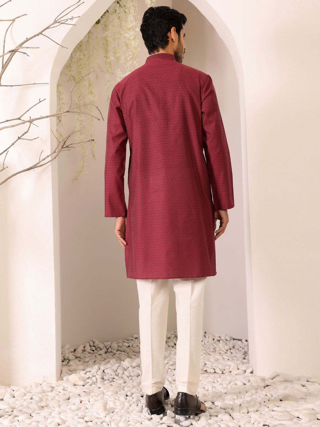 Maroon Self Design Woven Jacquard Cotton Straight Kurta