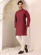 Maroon Self Design Woven Jacquard Cotton Straight Kurta