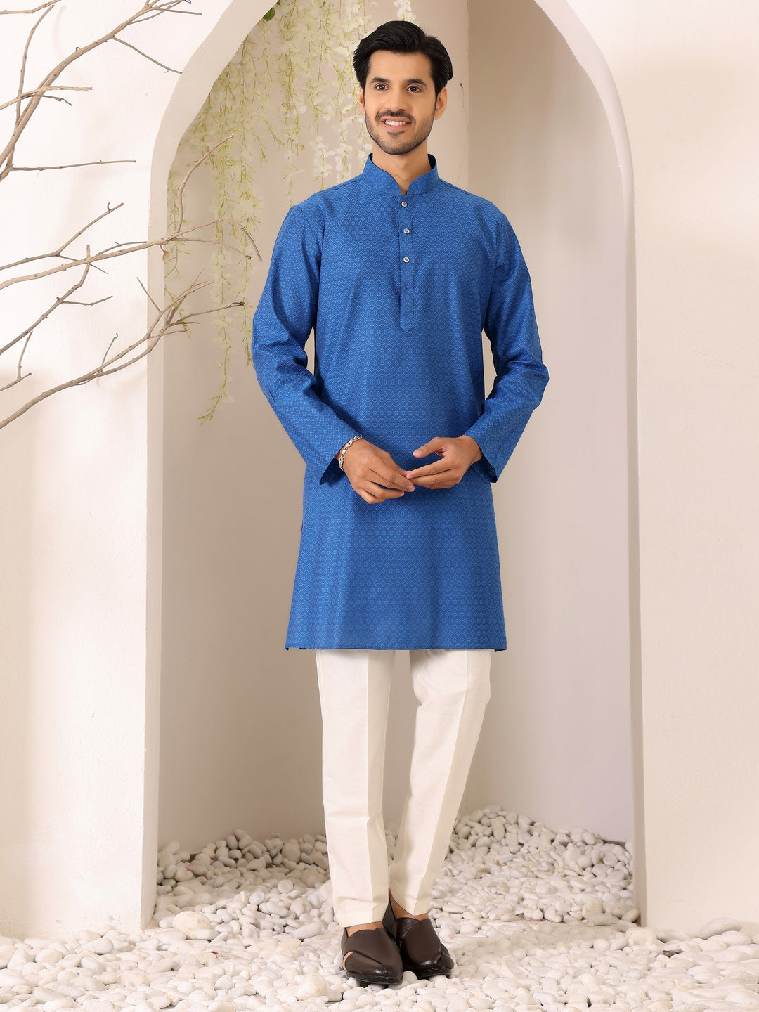 Royal Blue Self Design Woven Jacquard Cotton Straight Kurta