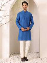 Royal Blue Self Design Woven Jacquard Cotton Straight Kurta
