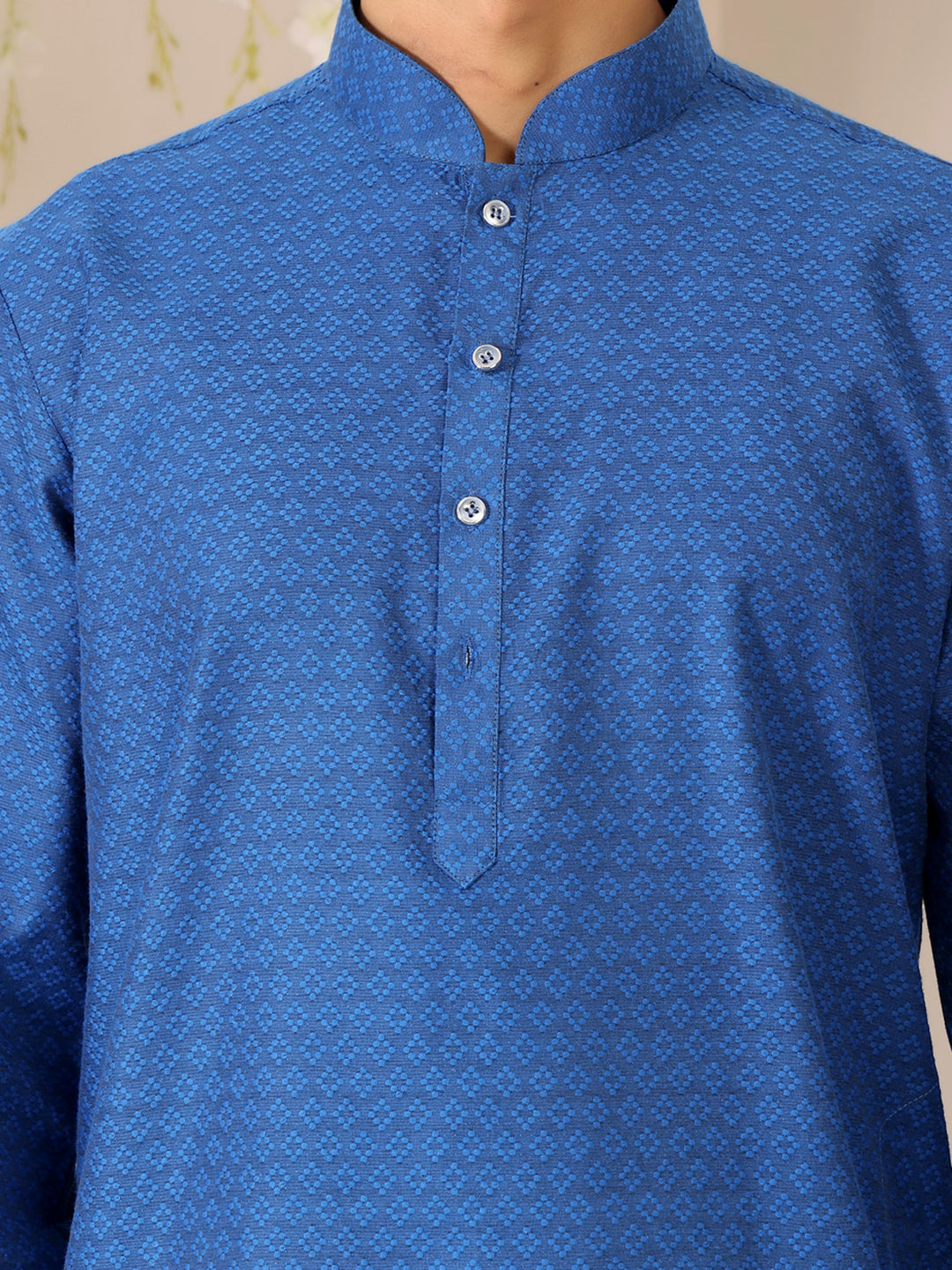 Royal Blue Self Design Woven Jacquard Cotton Straight Kurta