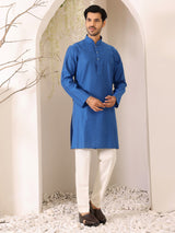 Royal Blue Self Design Woven Jacquard Cotton Straight Kurta